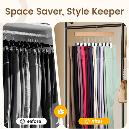 2 Pack Legging Hangers for Closet, Wooden Legging Hanger for Closet Organizer with 20 Upgraded Clips Holds 20 Leggings, 360° Rotatable Space Saving Yoga Pants Hanger for Socks, Shorts, Natural.
