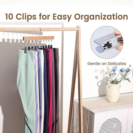 2 Pack Legging Hangers for Closet, Wooden Legging Hanger for Closet Organizer with 20 Upgraded Clips Holds 20 Leggings, 360° Rotatable Space Saving Yoga Pants Hanger for Socks, Shorts, Natural.