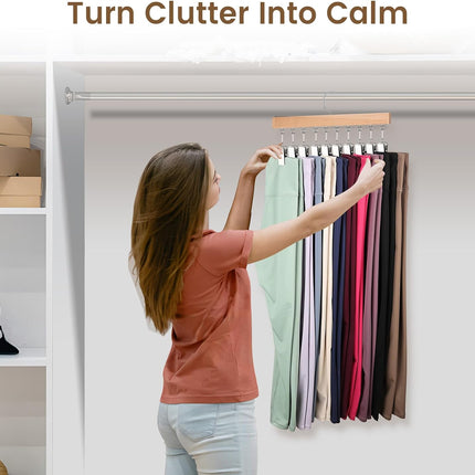 2 Pack Legging Hangers for Closet, Wooden Legging Hanger for Closet Organizer with 20 Upgraded Clips Holds 20 Leggings, 360° Rotatable Space Saving Yoga Pants Hanger for Socks, Shorts, Natural.