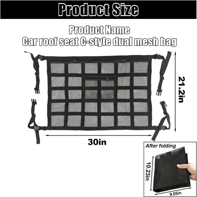 Car Ceiling Cargo Net Pocket, 30" x 21.2", Droop Less Car Storage Organizer, Strengthen Load Bearing Double Layer Mesh Organizer, SUV, Trucks, Camping, Road Trip Essentials.