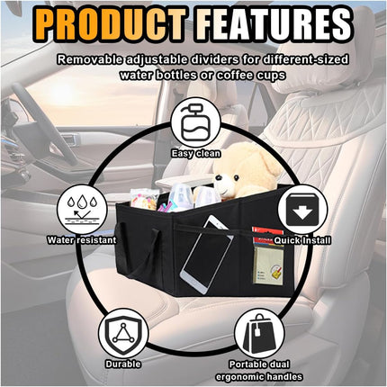 Car Seat Organizer, Foldable Car Storage Organizer with 4 Cup Holders, Rear & Front Seat Storage Bags, Black.