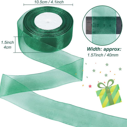Green Sheer Ribbon, 50 Yards 1-1/2 inch Wide Shimmer Sheer Organza Ribbon for Bow Making, Gift Wrapping, Box Packaging, Crafting, Christmas Decoration and More.