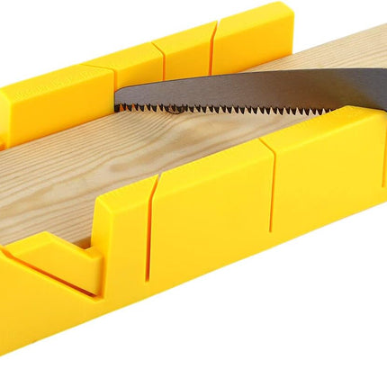 12-Inch High Impact Plastic Miter Box with Versatile Cutting Angles and Ruler Scale.