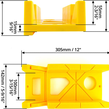 12-Inch High Impact Plastic Miter Box with Versatile Cutting Angles and Ruler Scale.