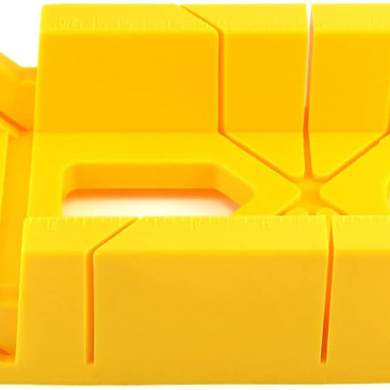 12-Inch High Impact Plastic Miter Box with Versatile Cutting Angles and Ruler Scale.