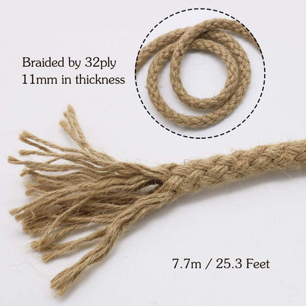 Braided Jute Rope, 25 Feet 11mm Thick Twine Rope for Crafting, Cat Scratching, Gardening, Bundling, Farmhouse Decor, Home Decor.