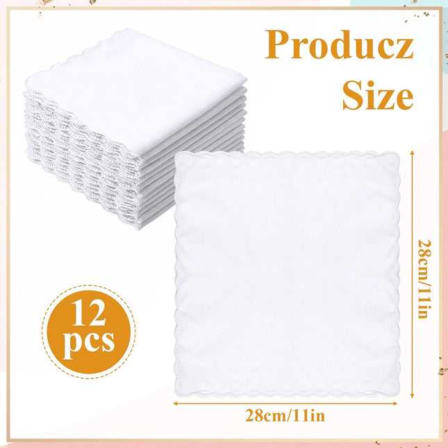 12 Pcs White Handkerchiefs for Women, Premium Polyester Soft Scalloped Edge Ladies Handkerchiefs Hankies, Small Pocket Squares Handkerchief for Wedding Party Gift Embroidery (11 x 11 Inch).