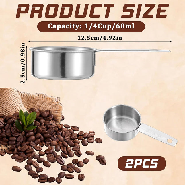 2 Pcs 1/4 Cup Stainless Steel Measuring Cup, 60 ml 2 oz Stainless Steel Measuring Cups Metal Coffee Scoop Cat Food Scoops for Wet and Dry Ingredients Cooking Baking Kitchen, Dishwasher Safe.