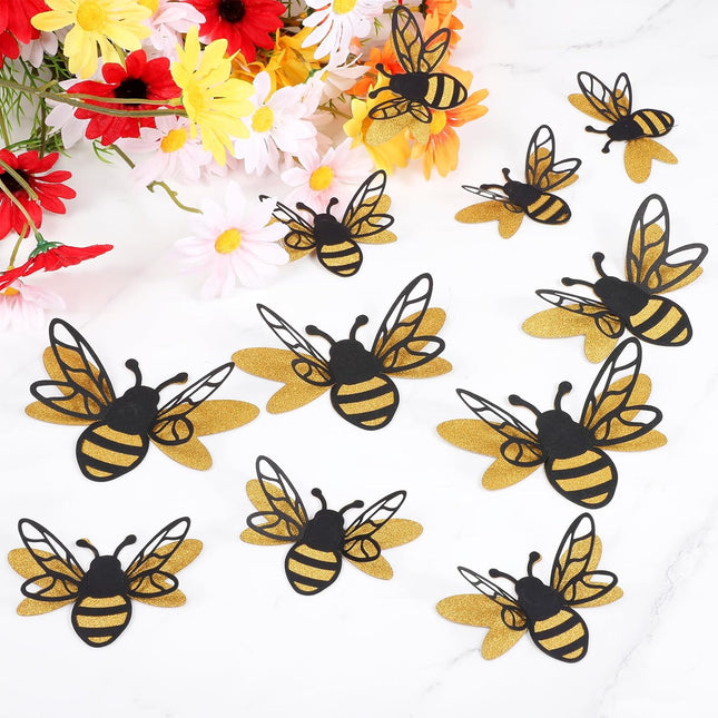 24 Pcs 3D Bee Decorations, 2 Size Double Layer Glitter Honey Bee Stickers Wall Decor, Realistic Shining Big Bumble Bees Cutouts Decals for Home, Party, Classroom, Outdoor Themed Decor.