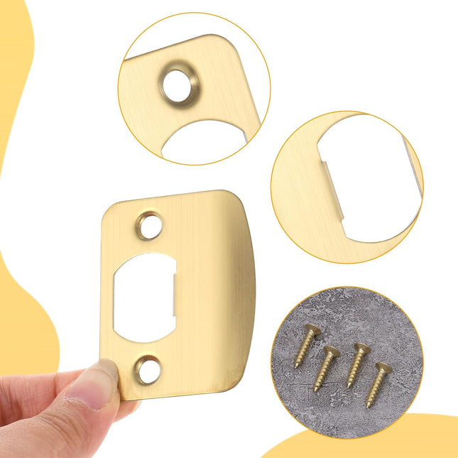 Door Strike Plate 2-1/4"x1-3/4", 2 Pcs Universal Round Corner Design Gold Stainless Steel Construction Extended Lip Door Latch Plates Hardware with 4 Pcs 0.8" Screws for Interior/Exterior Doors.