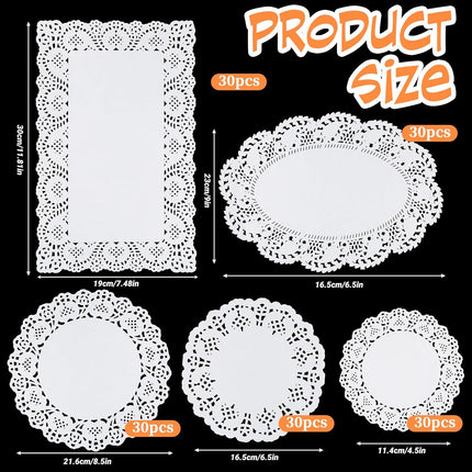 5 Sizes Paper Doilies, 150 Pcs Lace Doilies Paper Round Disposable Placemats White-Doilies for Tables Dessert Trays Party Craft Wedding Birthday Cakes Tableware Decorations.