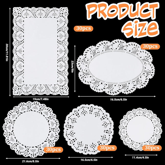 5 Sizes Paper Doilies, 150 Pcs Lace Doilies Paper Round Disposable Placemats White-Doilies for Tables Dessert Trays Party Craft Wedding Birthday Cakes Tableware Decorations.