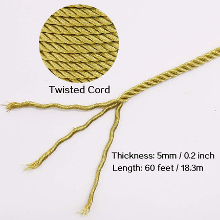 5mm Twisted Cord Trim, 59 Feet Gold Decorative Rope for Curtain Tieback, Upholstery, Honor Cord, Home Decor.