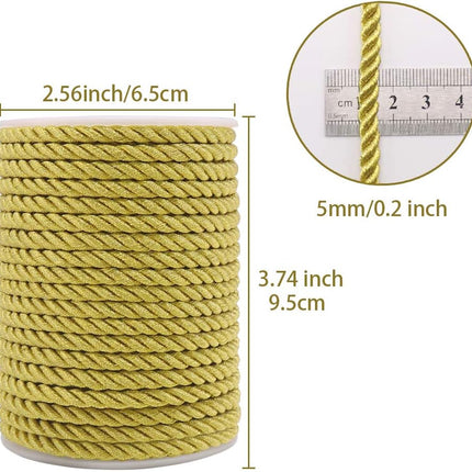5mm Twisted Cord Trim, 59 Feet Gold Decorative Rope for Curtain Tieback, Upholstery, Honor Cord, Home Decor.