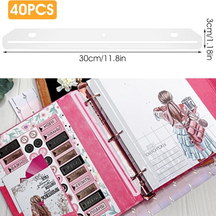 40 Pcs 3 Hole Punched Magazine Holders, Magazine Binder Magazine Organizer 3 Ring Binder Insert Strips for Magazine Storage Craft Paper File Book, Translucent White.