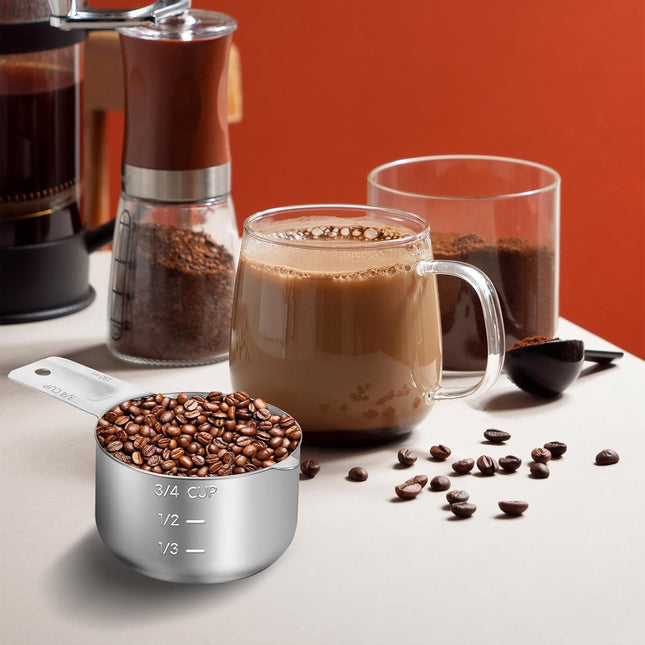3/4 Cup (180ml, 6oz) Stainless Steel Measuring Cups Measure Scoop for Cooking Baking Coffee, Dishwasher Safe, Metric and US Measurement.