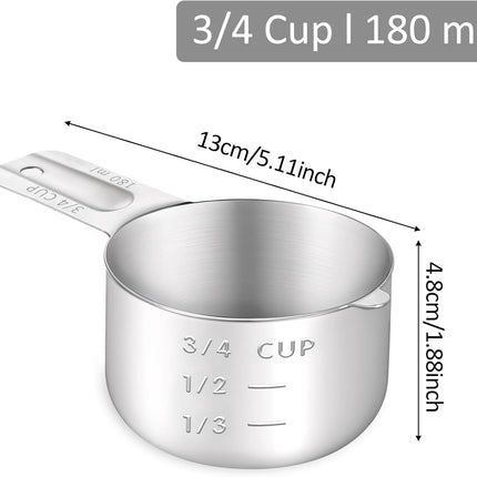 3/4 Cup (180ml, 6oz) Stainless Steel Measuring Cups Measure Scoop for Cooking Baking Coffee, Dishwasher Safe, Metric and US Measurement.