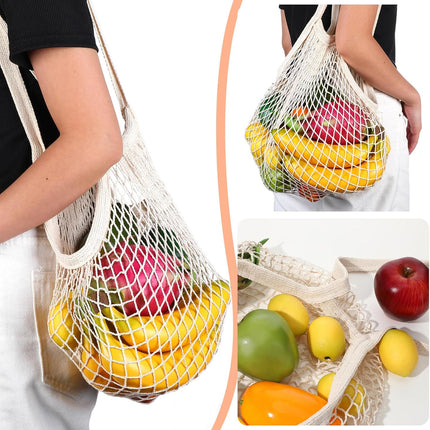 2 Pack Reusable Cotton Mesh Farmers Market Bag, Grocery Tote Net Shopping Bag, Washable Durable Portable Net String Produce Shopping Bags with Long Handle for Fruits, Vegetables, Shoppings (Beige).