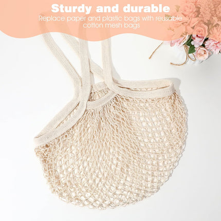 2 Pack Reusable Cotton Mesh Farmers Market Bag, Grocery Tote Net Shopping Bag, Washable Durable Portable Net String Produce Shopping Bags with Long Handle for Fruits, Vegetables, Shoppings (Beige).