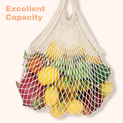 2 Pack Reusable Cotton Mesh Farmers Market Bag, Grocery Tote Net Shopping Bag, Washable Durable Portable Net String Produce Shopping Bags with Long Handle for Fruits, Vegetables, Shoppings (Beige).
