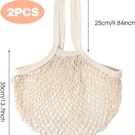 2 Pack Reusable Cotton Mesh Farmers Market Bag, Grocery Tote Net Shopping Bag, Washable Durable Portable Net String Produce Shopping Bags with Long Handle for Fruits, Vegetables, Shoppings (Beige).