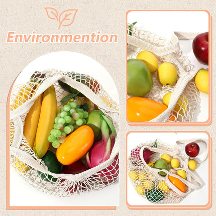 2 Pack Reusable Cotton Mesh Farmers Market Bag, Grocery Tote Net Shopping Bag, Washable Durable Portable Net String Produce Shopping Bags with Long Handle for Fruits, Vegetables, Shoppings (Beige).