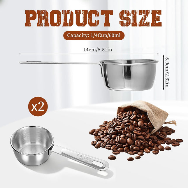 2 Pcs 1/4 Cup Stainless Steel Measuring Cup, 60ml, 2oz Metal Measuring Cups Coffee Measuring Cups Measure Scoop or Cooking, Baking, Kitchen Wet and Dry Ingredients, Dishwasher Safe.