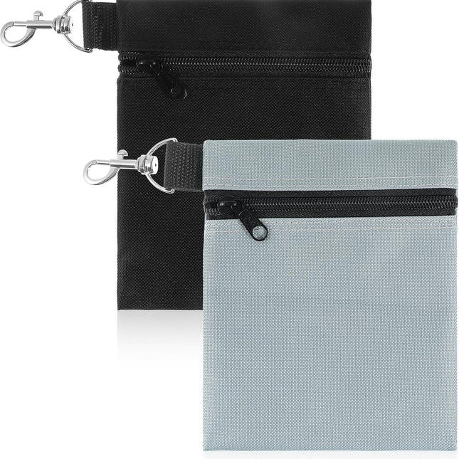 2 Pack Golf Ball Bag, Golf Tee Bag Pouch 6.7" x 5.5" Zippered Pouch with Metal Lobster Clip, Waterproof Golfs Accessories Organizer for Tees Balls, Valuables Holder, Men Women (Black, Gray).