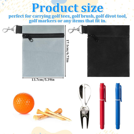 2 Pack Golf Ball Bag, Golf Tee Bag Pouch 6.7" x 5.5" Zippered Pouch with Metal Lobster Clip, Waterproof Golfs Accessories Organizer for Tees Balls, Valuables Holder, Men Women (Black, Gray).