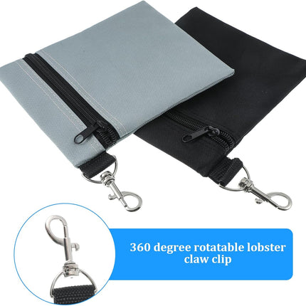 2 Pack Golf Ball Bag, Golf Tee Bag Pouch 6.7" x 5.5" Zippered Pouch with Metal Lobster Clip, Waterproof Golfs Accessories Organizer for Tees Balls, Valuables Holder, Men Women (Black, Gray).