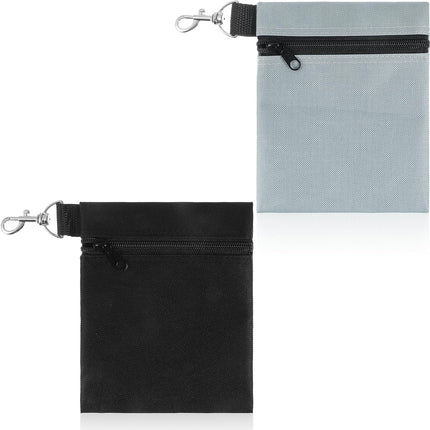 2 Pack Golf Ball Bag, Golf Tee Bag Pouch 6.7" x 5.5" Zippered Pouch with Metal Lobster Clip, Waterproof Golfs Accessories Organizer for Tees Balls, Valuables Holder, Men Women (Black, Gray).