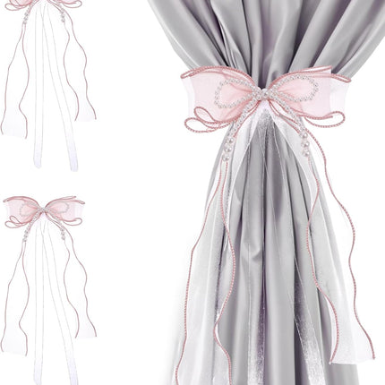 2 PCS Bow Curtain Tiebacks, Elegant Pink Bow Butterfly Curtain Tiebacks with Pearls Sweet Bowknot Holdbacks for Stylish Home Bedroom Offices Dining Rooms Wedding Party Decoration - 31.5 in(80 cm).