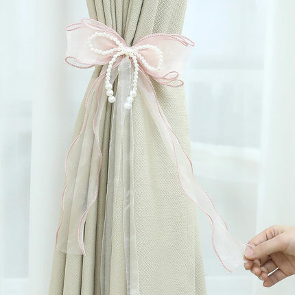 2 PCS Bow Curtain Tiebacks, Elegant Pink Bow Butterfly Curtain Tiebacks with Pearls Sweet Bowknot Holdbacks for Stylish Home Bedroom Offices Dining Rooms Wedding Party Decoration - 31.5 in(80 cm).