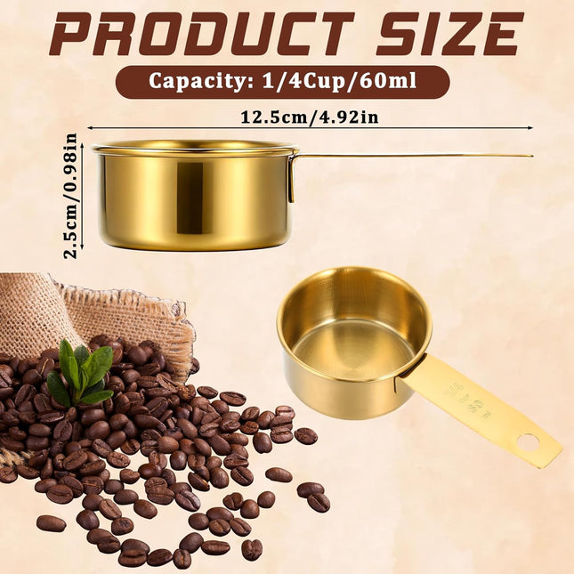 1/4 Cup Measuring Cups, 4 Pcs Golden Stainless Steel Measuring Scoop Gold Kitchen Accessories Metal 2 oz Cups for Baking Cooking Dry and Liquid Ingredient, Dishwasher Safe.