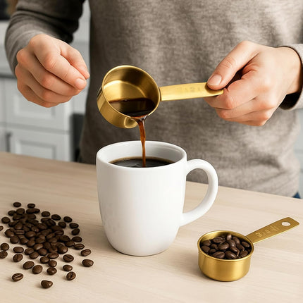 1/4 Cup Measuring Cups, 4 Pcs Golden Stainless Steel Measuring Scoop Gold Kitchen Accessories Metal 2 oz Cups for Baking Cooking Dry and Liquid Ingredient, Dishwasher Safe.