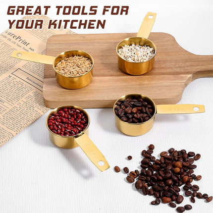 1/4 Cup Measuring Cups, 4 Pcs Golden Stainless Steel Measuring Scoop Gold Kitchen Accessories Metal 2 oz Cups for Baking Cooking Dry and Liquid Ingredient, Dishwasher Safe.