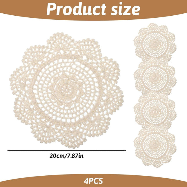 4 Pcs Cotton Lace Doilies Vintage Crochet Doilies 7.8 Inch Round Cotton Handmade Lace Cloth Fabric Placemats Doily for Tables Kitchen Dining Room Dessert Coasters Wedding Birthday Party Decoration.
