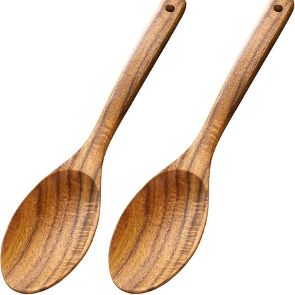 Wooden Cooking Spoons, 2 Pcs Natural Acacia Wood Serving Spoons, 12 Inch Large Mixing Spoon Wood Kitchen Utensil for Mixing, Baking, Serving and Stirring, Comfort Grip, Non-Stick Cookware Safe.