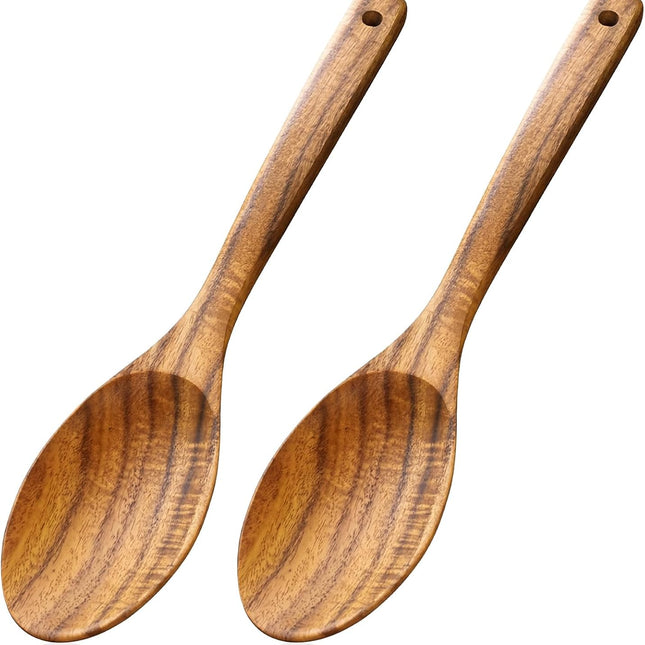 Wooden Cooking Spoons, 2 Pcs Natural Acacia Wood Serving Spoons, 12 Inch Large Mixing Spoon Wood Kitchen Utensil for Mixing, Baking, Serving and Stirring, Comfort Grip, Non-Stick Cookware Safe.