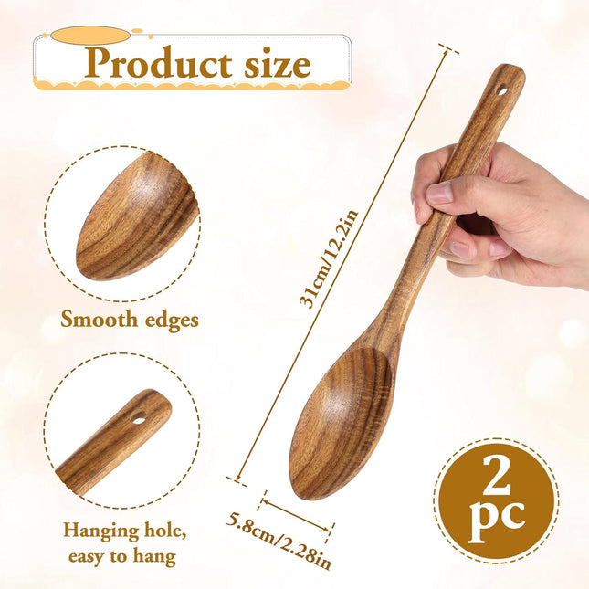 Wooden Cooking Spoons, 2 Pcs Natural Acacia Wood Serving Spoons, 12 Inch Large Mixing Spoon Wood Kitchen Utensil for Mixing, Baking, Serving and Stirring, Comfort Grip, Non-Stick Cookware Safe.