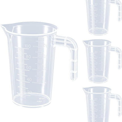 Plastic Measuring Beaker, 4 Pcs Liquid Measuring Cups, 100 ml Unbreakable Graduated Beakers with Handle and Spout, Transparent Clear Precise Markings for Kitchen Baking Lab Restaurant Use.
