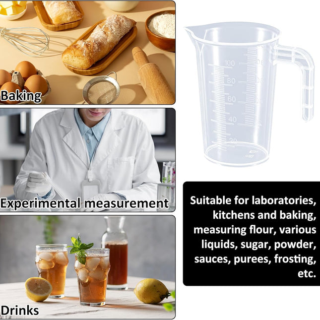 Plastic Measuring Beaker, 4 Pcs Liquid Measuring Cups, 100 ml Unbreakable Graduated Beakers with Handle and Spout, Transparent Clear Precise Markings for Kitchen Baking Lab Restaurant Use.