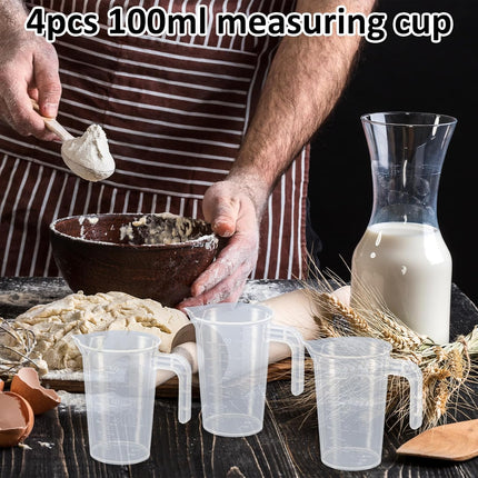 Plastic Measuring Beaker, 4 Pcs Liquid Measuring Cups, 100 ml Unbreakable Graduated Beakers with Handle and Spout, Transparent Clear Precise Markings for Kitchen Baking Lab Restaurant Use.