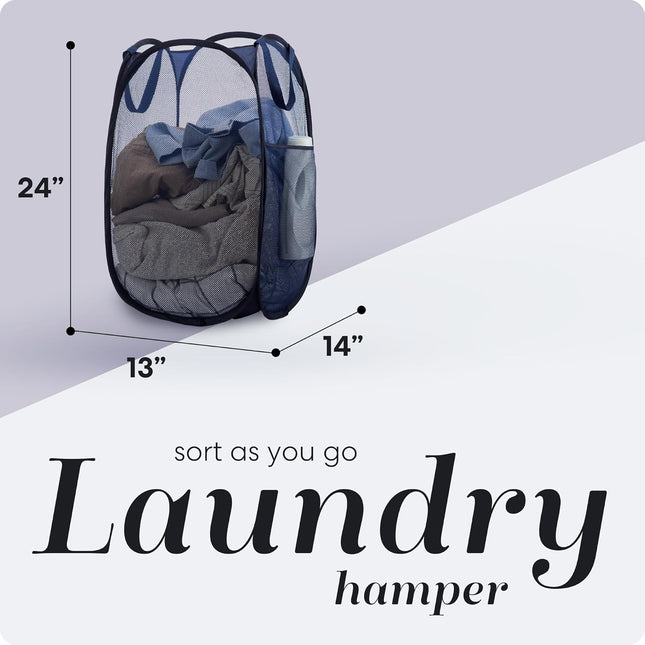 Collapsible Mesh Pop Up Laundry Hamper 2-Pack – Large Foldable Laundry Basket with Side Pocket, Breathable & Durable, Space-Saving for Clothes, Toys, Travel, Dorm, Bedroom, Blue.