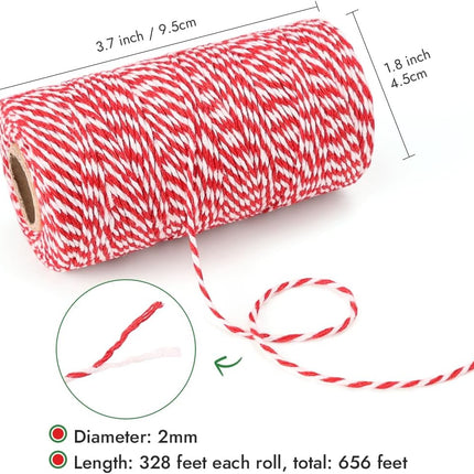 Bakers Twine, 656 Feet 2 Rolls Christmas Twine String Ribbon for Gift Wrapping, Pastry Boxes Tying, Festival Decorations, DIY Crafts (328Feet Each Roll).