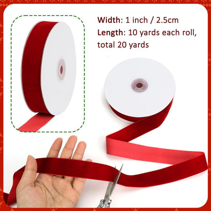 Red Velvet Ribbon, 1 Inch x 20 Yards Single Faced Red Ribbon for Gift Wrapping, Bow Making, Christmas Tree Decorations, Wreath Making and DIY Crafts (10 Yards Each Roll).