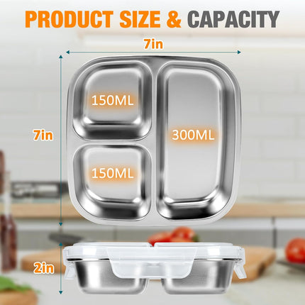 Stainless Steel Snack Containers With Lids, 3 Compartment Leak-proof Bento Box, 20 oz Reusable Grab and Go Food Storage Containers for School, Home, Office, and Camping, Dishwasher-Safe.