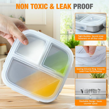 Stainless Steel Snack Containers With Lids, 3 Compartment Leak-proof Bento Box, 20 oz Reusable Grab and Go Food Storage Containers for School, Home, Office, and Camping, Dishwasher-Safe.