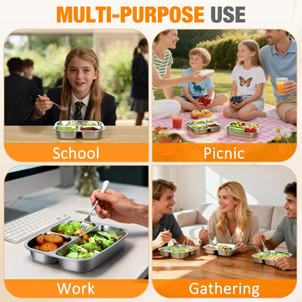 Stainless Steel Snack Containers With Lids, 3 Compartment Leak-proof Bento Box, 20 oz Reusable Grab and Go Food Storage Containers for School, Home, Office, and Camping, Dishwasher-Safe.