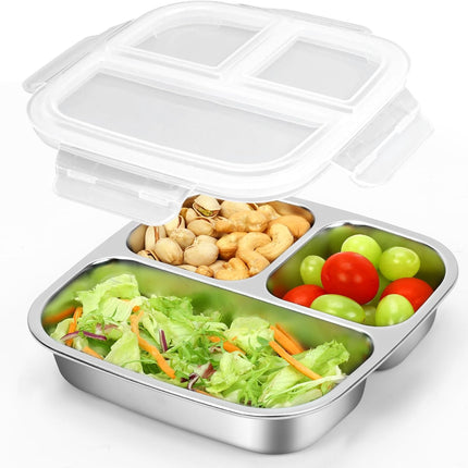 Stainless Steel Snack Containers With Lids, 3 Compartment Leak-proof Bento Box, 20 oz Reusable Grab and Go Food Storage Containers for School, Home, Office, and Camping, Dishwasher-Safe.